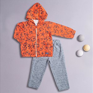 Conjunto Infantil Menino Capuz Origami Laranja e Cinza Mescla Moletom