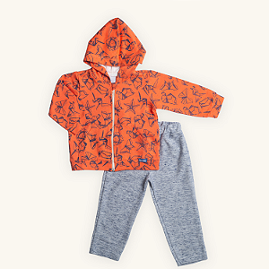 Conjunto Infantil Menino Capuz Origami Laranja e Cinza Mescla Moletom