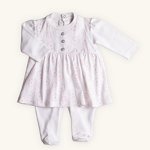 Macacão Vestido Bebê Flores em Suedine 100% Algodão Saia em Tricoline