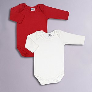 Kit Body Bebê Manga Longa Vermelho e Branco em Suedine 100%Algodão 2un