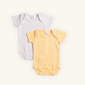 Kit Body Bebê Manga Curta Amarelo e Branco em Suedine 100% Algodão 2un