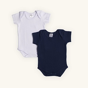 Kit Body Bebê Manga Curta Marinho e Branco em Suedine 100% Algodão 2un