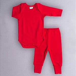 Conjunto Body e Calça Bebê Manga Longa Vermelho Suedine 100% Algodão