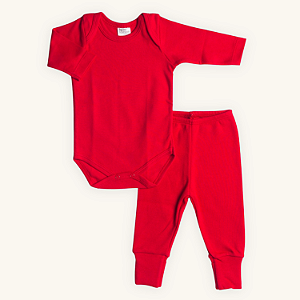 Conjunto Body e Calça Bebê Manga Longa Vermelho Suedine 100% Algodão