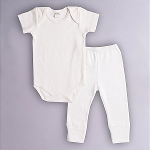 Conjunto Body e Calça Bebê Manga Curta Branco Suedine 100% Algodão