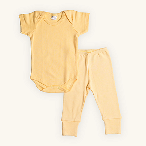 Conjunto Body e Calça Bebê Manga Curta Amarelo Suedine 100% Algodão