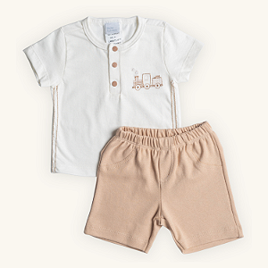 Conjunto Bebê Menino Trenzinho Camiseta Em Meia Malha E Short Suedine
