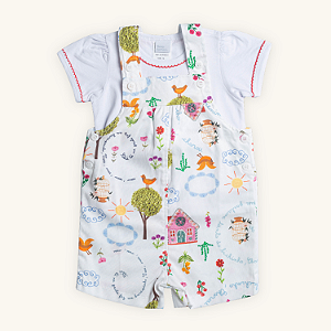 Jardineira Infantil Menina Fazendinha Tricoline e Camiseta Meia Malha