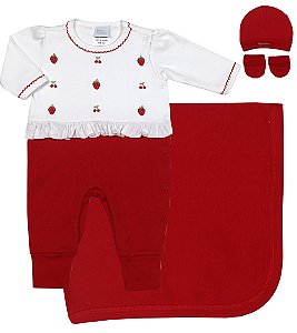 Saída Maternidade Moranguinhos Vermelho e Branco Macacão Manta Touca e Luvas Suedine Premium 100% Algodão