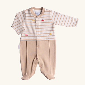 Macacão Bebê Bordado Carrinhos Suedine 100% Algodão e Malha Linho