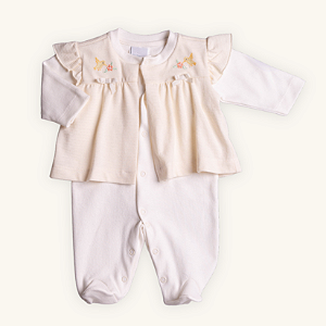 Macacão Bebê Vestido Passarinho em Suedine 100% Algodão e Malha Tricot