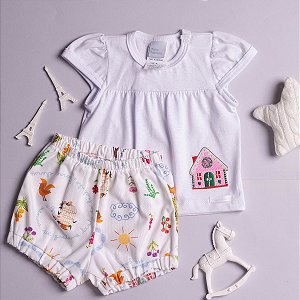 Conjunto Bebê Menina Fazendinha Bata Meia Malha e Short em Tricoline