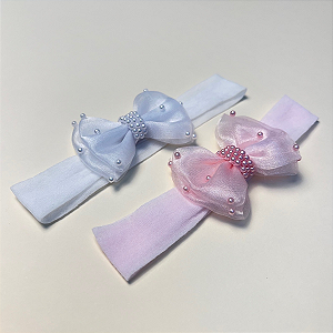 Faixa de Cabelo Bebê – Laço Cetim com Pérolas Salpicadas