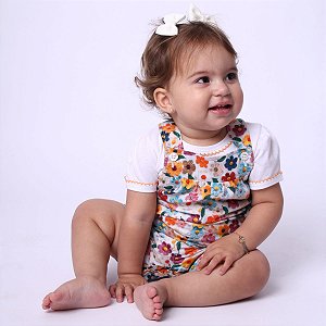 Jardineira Bebê Menina Flores 3D Tricoline Algodão Premium e Camiseta