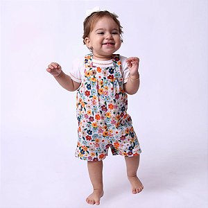 Jardineira Infantil Flores 3D Algodão Premium com Camiseta Branca