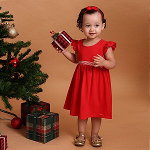 Vestido Infantil Natal Vermelho Com Laço 100% Algodão Premium