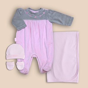Saída Maternidade Menina Rosa e Cinza Plush e Suedine 100% Algodão