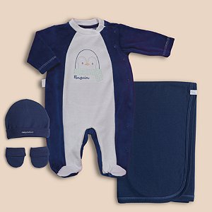 Saída Maternidade Menino Marinho e Branco Plush e Suedine 100% Algodão