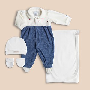 Saída Maternidade Menina Cru e Azul Jeans Plush e Suedine 100% Algodão