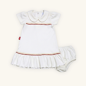 Vestido Bebê Chique Cru e Vermelho Suedine Canelada 100% Algodão