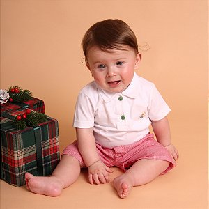 Conjunto Bebê Natal Polo Branca e Short Vermelho 100% Algodão