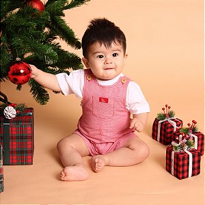 Jardineira Bebê Tricoline Natal Vermelha Vichy com Camiseta Algodão