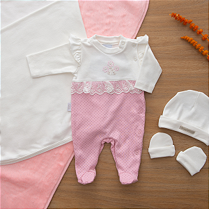 Saída Maternidade Menina Rosa e Cru Flores Suedine 100% Algodão