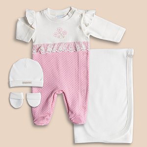 Saída Maternidade Menina Rosa e Cru Flores Suedine 100% Algodão