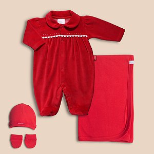 Saída Maternidade Menina Vermelho Plush e Suedine 100% Algodão