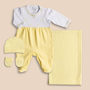 Saída Maternidade Menina Branco e Amarelo Suedine 100% Algodão