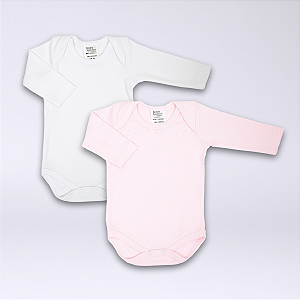 Kit Body Bebê Manga Longa Branco e Rosa Suedine 100% Algodão 2un