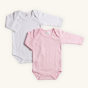 Kit Body Bebê Manga Longa Branco e Rosa Suedine 100% Algodão 2un
