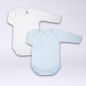 Kit Body Bebê Manga Longa Branco e Azul Claro Suedine 100% Algodão 2un