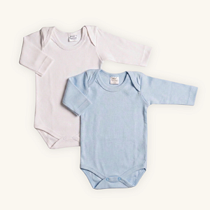 Kit Body Bebê Manga Longa Branco e Azul Claro Suedine 100% Algodão 2un
