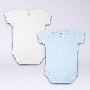 Kit Body Bebê Manga Curta Branco e Azul Claro Suedine 100% Algodão 2un