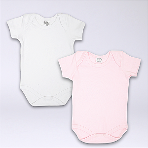 Kit Body Bebê Manga Curta Branco e Rosa Suedine 100% Algodão 2un