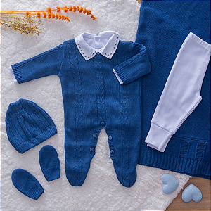 Saída Maternidade Menino Tricot Azul Jeans 6 Peças Premium