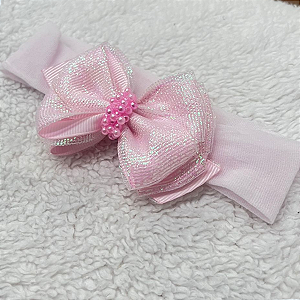 Faixa de Cabelo Bebê Meia de Seda - Laço Rosa Duplo Brilho Pérolas