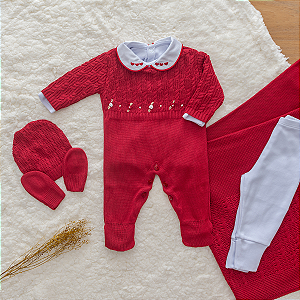 Saída Maternidade Menina Tricot Vermelho Rococó 6 Peças Premium