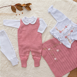 Saída de Maternidade Bebê Menina Tricot Rosa Bordado Rococó 3 Peças
