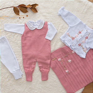 Saída Maternidade Menina Tricot Rosa Jardineira Rococó 5 Peças Premium