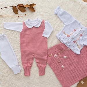 Saída de Maternidade Bebê Menina Tricot Rosa Bordado Rococó 5 Peças