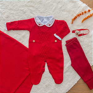 Saída Maternidade Menino Tricot Vermelho Ursinho 5 Peças Premium