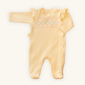 Macacão Bebê Menina Florzinhas Amarelo Mini Tricot Nobre 100% Algodão