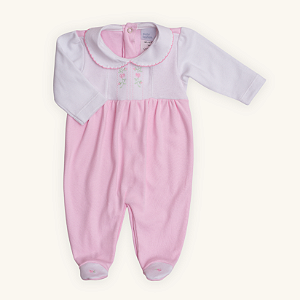 Macacão Bebê Menina Rosa Bordado Suedine 100% Algodão Premium