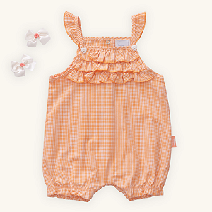Romper Menina Tricoline 100% Algodão Premium Laranja Xadrez + Brinde