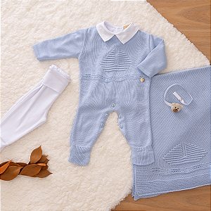 Saída de Maternidade Menino Azul Claro Barquinho Tricot 5 Peças Premium