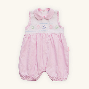 Romper Bebê Menina Tricoline Rosa e Branco Bordado Oceano 100% Algodão