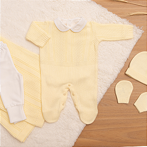 Saída de Maternidade Bebê Menina Tricot Amarelo Bebê Trigo 6 Peças