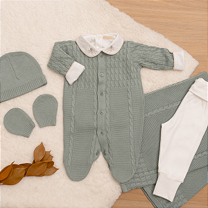 Saída de Maternidade Bebê Menino Tricot Verde Oliva Elefantes 6 Peças